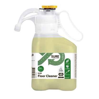 A plastic bottle with SURE Floor Cleaner, floor cleaner from Diversey Deutschland GmbH & Co. OHG, partially filled with light yellow liquid, is equipped with a white-green label that highlights the plant-based, biodegradable formula and the eco-certification.