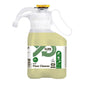A plastic bottle with SURE Floor Cleaner, floor cleaner from Diversey Deutschland GmbH & Co. OHG, partially filled with light yellow liquid, is equipped with a white-green label that highlights the plant-based, biodegradable formula and the eco-certification.