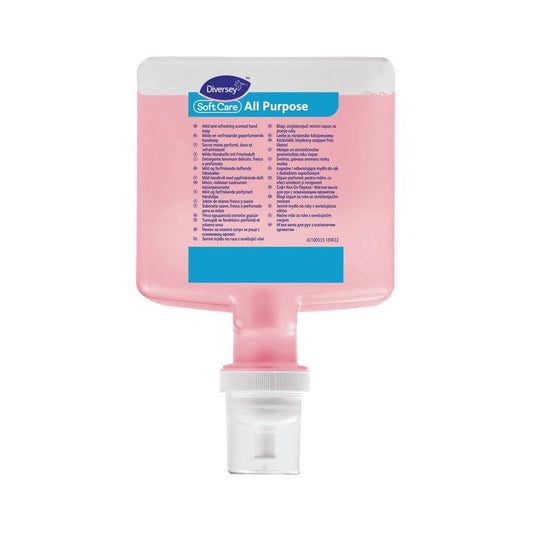 A rectangular, transparent plastic dispenser with pink cleaning solution, labeled with "Soft Care All Purpose 1.3 L Cartridge for IntelliCare" by Diversey Deutschland GmbH & Co. OHG, with a white pump and compatible with IntelliCare systems.