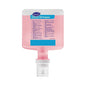 A rectangular, transparent plastic dispenser with pink cleaning solution, labeled with "Soft Care All Purpose 1.3 L Cartridge for IntelliCare" by Diversey Deutschland GmbH & Co. OHG, with a white pump and compatible with IntelliCare systems.