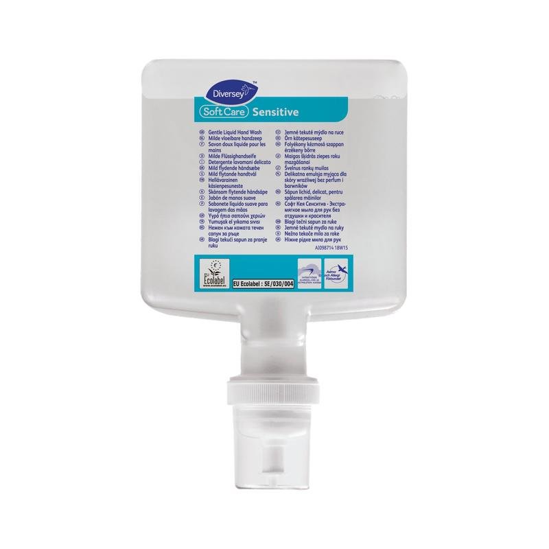 A clear bottle of Soft Care Sensitive Mild Hand Wash Lotion without perfume and dyes from Diversey Deutschland GmbH & Co. OHG with a dispenser cap, blue-white multilingual label. Suitable for sensitive skin.