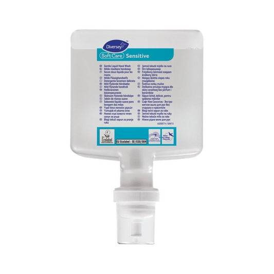 A clear bottle of Soft Care Sensitive Mild Hand Wash Lotion without perfume and dyes from Diversey Deutschland GmbH & Co. OHG with a dispenser cap, blue-white multilingual label. Suitable for sensitive skin.