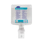 A clear bottle of Soft Care Sensitive Mild Hand Wash Lotion without perfume and dyes from Diversey Deutschland GmbH & Co. OHG with a dispenser cap, blue-white multilingual label. Suitable for sensitive skin.