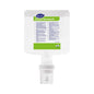 A rectangular, transparent plastic bottle of Soft Care Dermasoft skincare cream by Diversey Deutschland GmbH & Co. OHG with a green-white label and a white pump dispenser, along with multilingual product details and instructions.