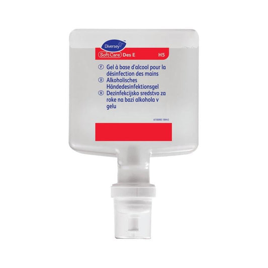 A rectangular, transparent plastic bottle with a white cap and red label contains Soft Care Des E H5, a VAH-listed gel hand disinfectant from Diversey Deutschland GmbH & Co. OHG. The multilingual label provides information about the application.