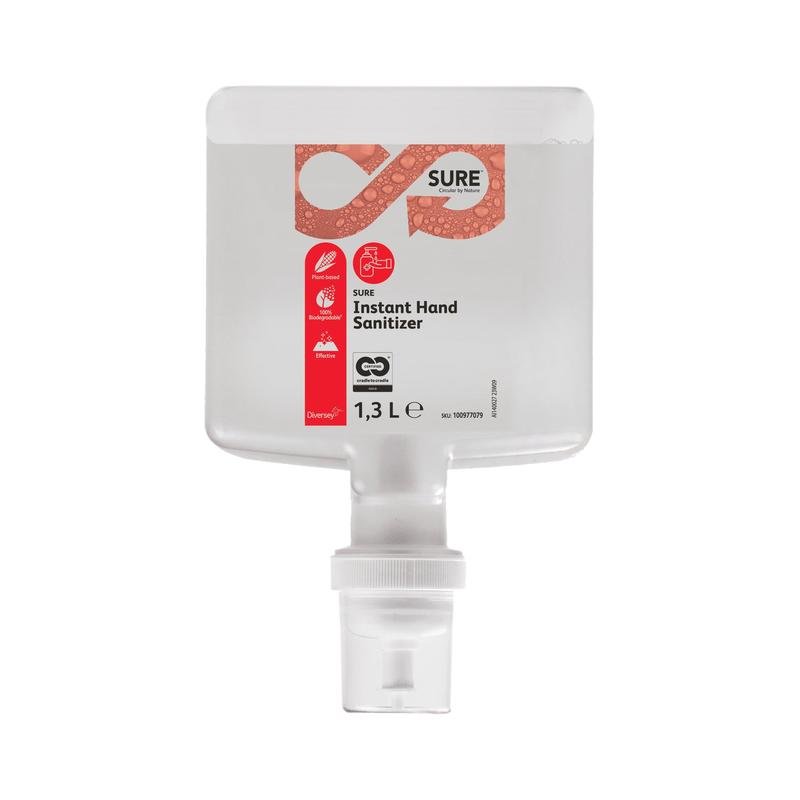 A rectangular 1.3-liter container with SURE Instant Hand Sanitizer from Diversey Deutschland GmbH & Co. OHG, with a dispensing pump at the bottom and a red-black label with symbols for effective germ control.