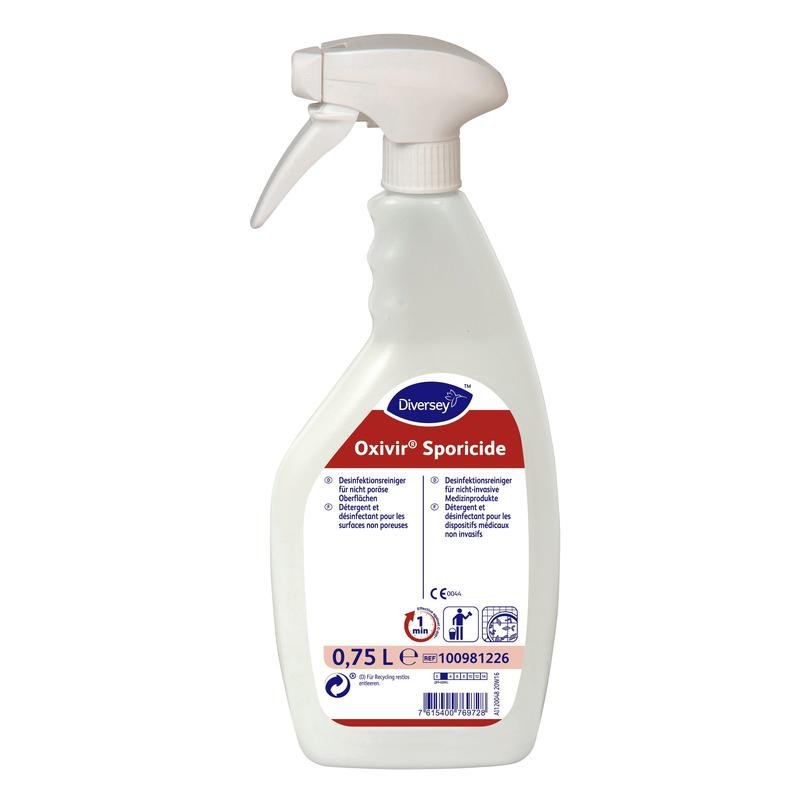 The 750 ml Oxivir Sporicide Disinfectant Cleaner with AHP from Diversey Germany comes ready-to-use in a white spray bottle with foam sprayer, red/white label, hazard symbols, and white trigger for effective disinfection.