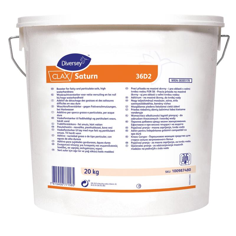 A 20 kg bag of Clax Saturn 12G1 special detergent for heavily soiled work clothes from Diversey Deutschland GmbH & Co. OHG, ideal for industrial laundries; includes instructions in multiple languages.