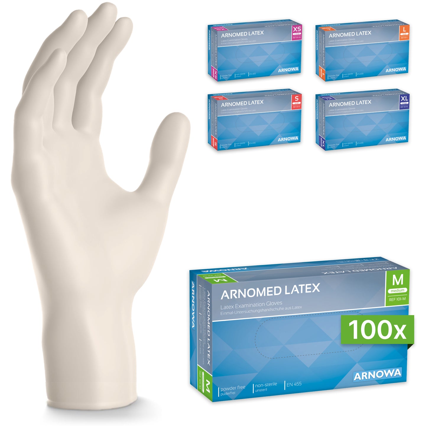 On the left side, an upright latex glove is depicted. On the right, five boxes of ARNOMED LATEX PF powder-free disposable gloves made of natural latex by ARNOWA GmbH in sizes XS-XL are shown; the middle box appears larger in detail at the bottom.