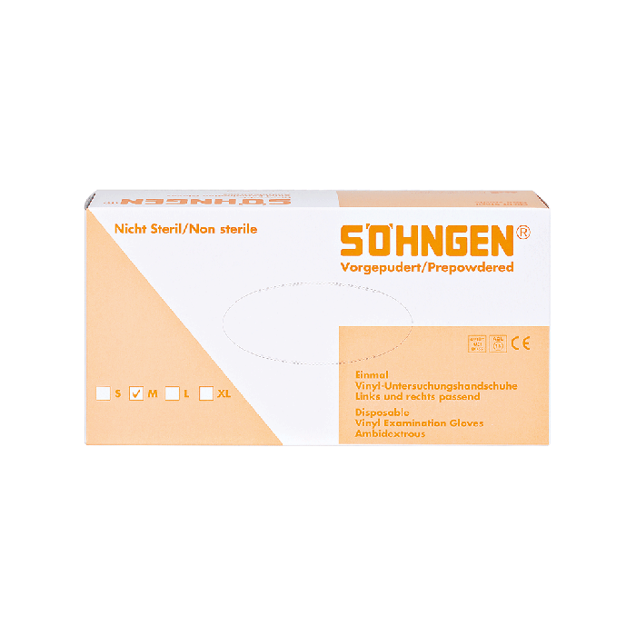 Medium-sized vinyl protective gloves, 100 per box, lightly powdered