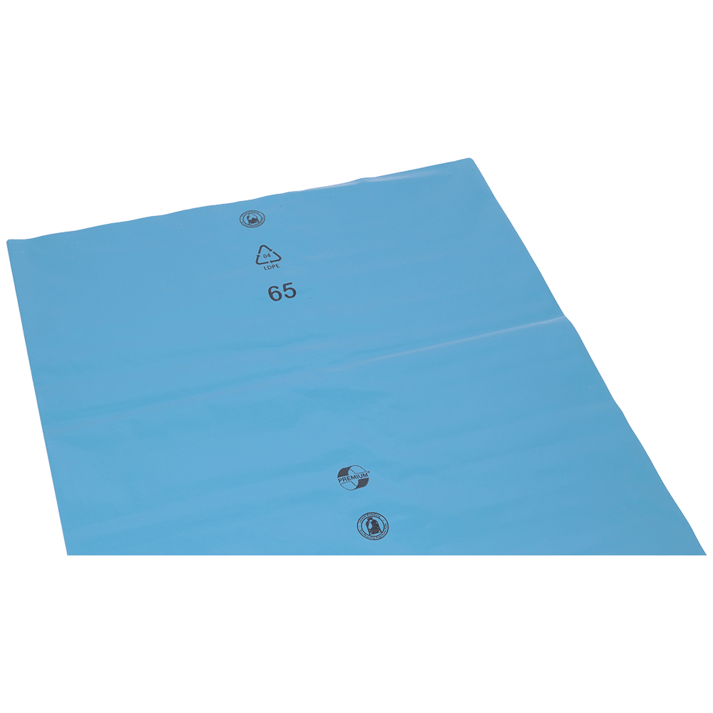 The DEISS 10103 (700x1100x0.15 mm) from EMIL DEISS KG is a blue, flat plastic waste disposal film with 3 valve openings and black printed symbols (recycling logo, "LDPE", "65"), similar to blue garbage bags. Packed in cartons of 50 pieces.