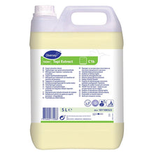 A 5-liter canister of Diversey TASKI Tapi Extract carpet spray extraction cleaner with O.N.T. technology, wool seal certified, features a carrying handle and a multilingual label with product information and instructions.