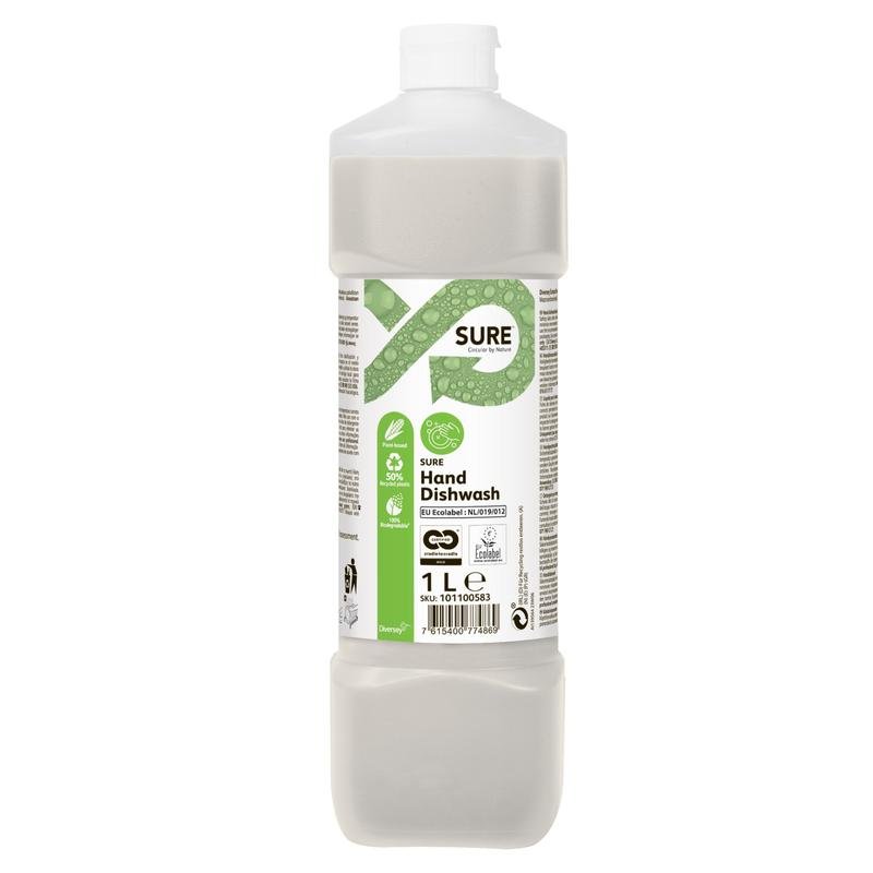 A 1-liter plastic bottle of SURE Hand Dishwash, hand dishwashing liquid from Diversey Deutschland GmbH & Co. OHG, features a white cap and a white-green label indicating 'environmentally friendly' plant-based ingredients and effective grease removal.
