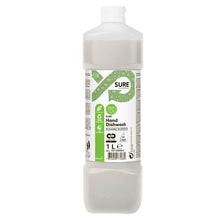 A 1-liter plastic bottle of SURE Hand Dishwash, hand dishwashing liquid from Diversey Deutschland GmbH & Co. OHG, features a white cap and a white-green label indicating 'environmentally friendly' plant-based ingredients and effective grease removal.
