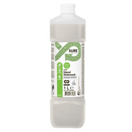 A 1-liter plastic bottle of SURE Hand Dishwash, hand dishwashing liquid from Diversey Deutschland GmbH & Co. OHG, features a white cap and a white-green label indicating 'environmentally friendly' plant-based ingredients and effective grease removal.