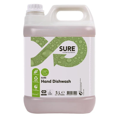 A 5-liter plastic container of SURE Hand Dishwash, hand dishwashing liquid from Diversey Deutschland GmbH & Co. OHG, with a white lid and a green-white label featuring bubbles, a circular arrow, product information, and notes on effective grease removal power.