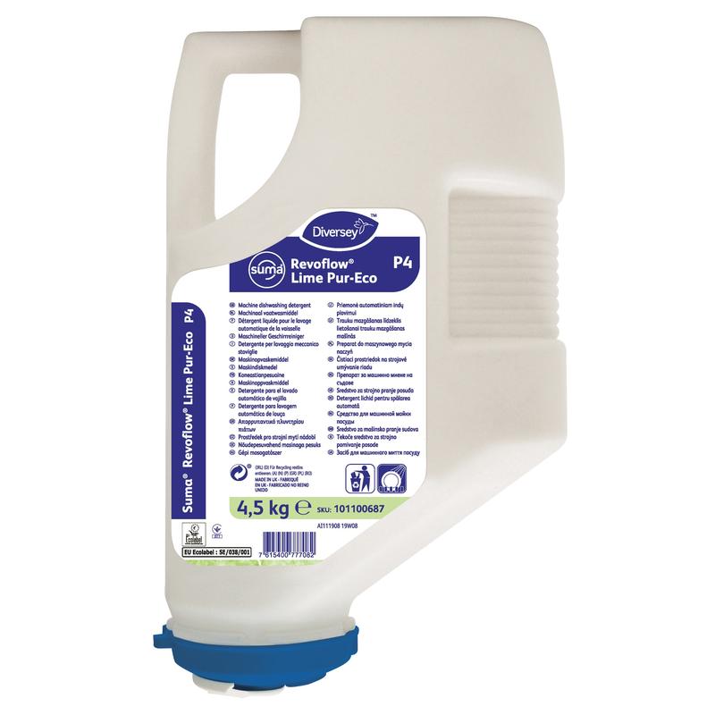 A 4.5 kg plastic cartridge of Diversey Suma Revoflow Lime Pur-Eco P4, a high-performance machine dishwasher detergent for medium to hard water, with a blue dosing cap and detailed label.