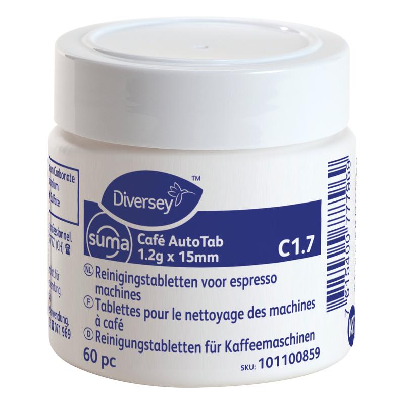 A white plastic container from Diversey Deutschland GmbH & Co. OHG with the label "Suma Café AutoTab C1.7, cleaning tablet for espresso machines" contains 60 tablets; the multilingual label displays a barcode.