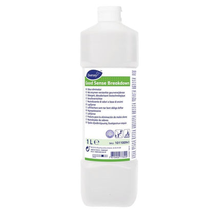 A white 1-L plastic bottle labeled "Good Sense Breakdown, Odor Remover" from Diversey Deutschland GmbH & Co. OHG with multilingual text and a white screw cap. Effectively neutralizes odors - ideal as an odor remover.