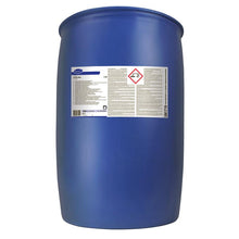 A large blue plastic drum with Diversey Suma Alu L10 from Diversey Deutschland GmbH & Co. OHG, with a white-gray label containing text, hazard symbols, and a red warning exclamation mark in diamond shape.