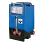 A large blue plastic container with Diversey Suma Vario L3.8 dishwashing detergent with bleach without chlorine odor from Diversey Deutschland GmbH & Co. OHG, designed for medium hard to hard water, features warning labels and stands on a black base with handle and wheels.
