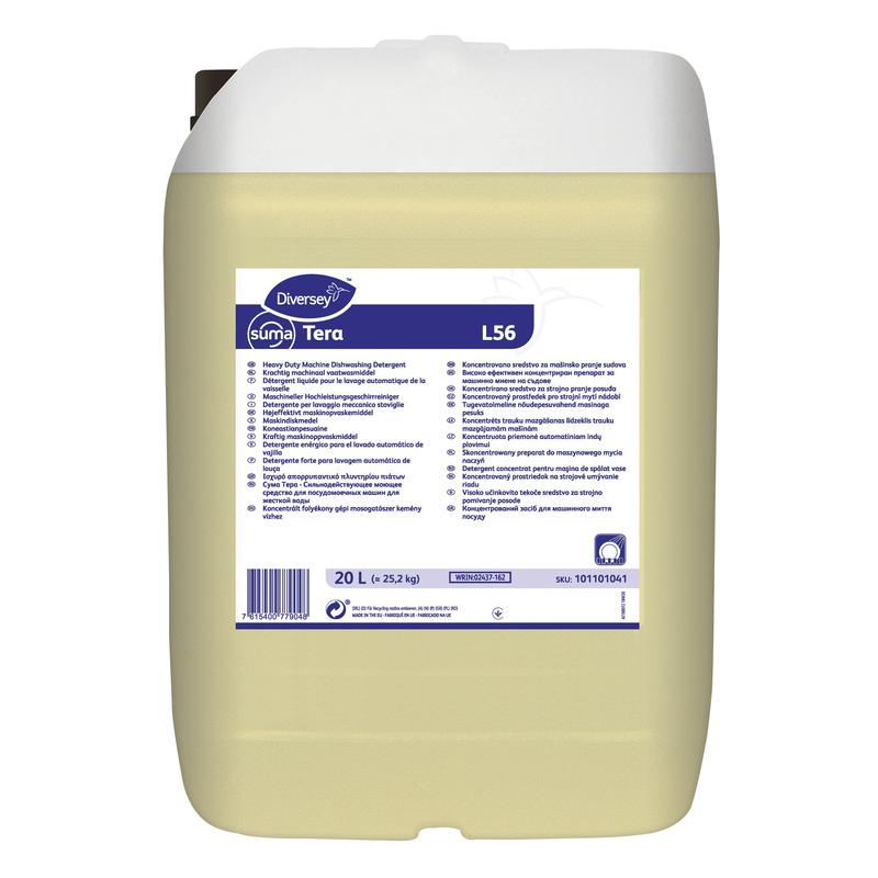 A 20-liter plastic container of Diversey Suma Tera L56, a highly concentrated dishwashing liquid for hard water from Diversey Deutschland GmbH & Co. OHG, with a white cap and handle, as well as multilingual information on a white-blue label.
