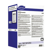 A white rectangular box with purple and black accents, labeled "Diversey Suma Combi+ LA6, Combined Cleaner and Rinse Aid for Medium Hard Water" from Diversey Deutschland GmbH & Co. OHG, with details, instructions, a barcode, and SKU 101101253.