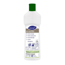 A white 500 ml bottle of Diversey R7 Pur-Eco Cream Cleaner from Diversey Deutschland GmbH & Co. OHG with a green cap, multilingual labeling, and environmentally friendly for hard, water-resistant surfaces.