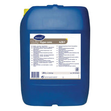 A blue 20-liter canister of Clax Hypo conc 42B1 from Diversey Germany, a liquid bleach based on sodium hypochlorite, with a large white, multilingual label and a yellow cap. Ideal for commercial laundries.