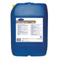 A blue 20-liter canister of Clax Hypo conc 42B1 from Diversey Germany, a liquid bleach based on sodium hypochlorite, with a large white, multilingual label and a yellow cap. Ideal for commercial laundries.