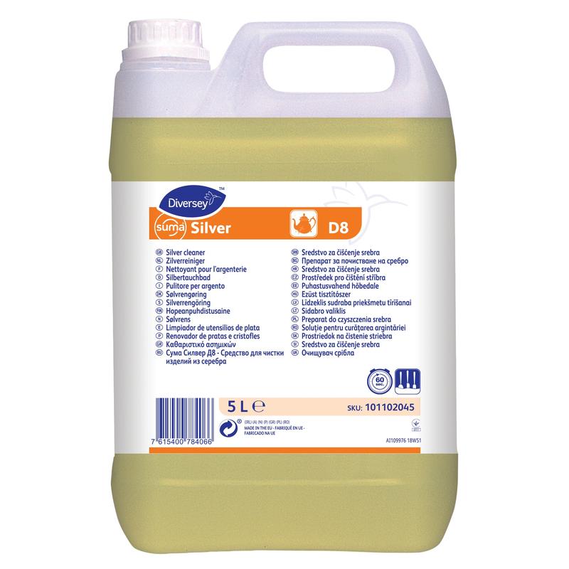 The 5-liter Suma Silver D8 silver immersion bath from Diversey Deutschland GmbH & Co. OHG is ideal for silver cleaning and removing tarnish, with a white-blue label containing product information, application instructions, and a barcode. The liquid is light yellow.