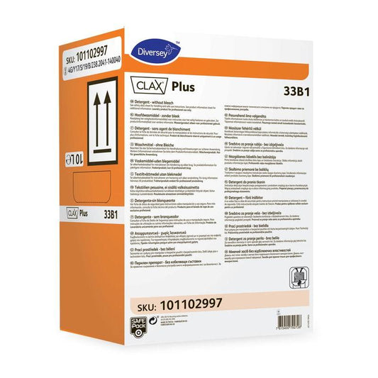 A rectangular orange-white box with the inscription "Clax Plus 33B1 Liquid Detergent without Bleach" from Diversey Deutschland GmbH & Co. OHG for commercial laundries, with multilingual instructions and a 10L capacity symbol.