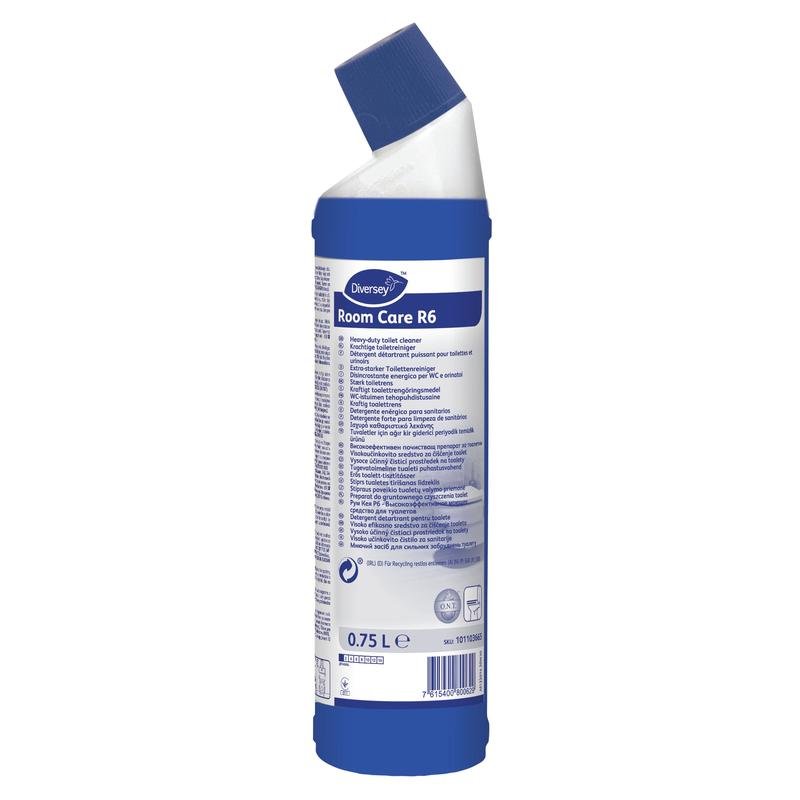 Room Care R6, periodic toilet and urinal cleaner from Diversey Deutschland GmbH & Co. OHG (750 ml bottle), based on hydrochloric acid, ideal for efficient cleaning of toilets and urinals. With product information in several languages on the label.