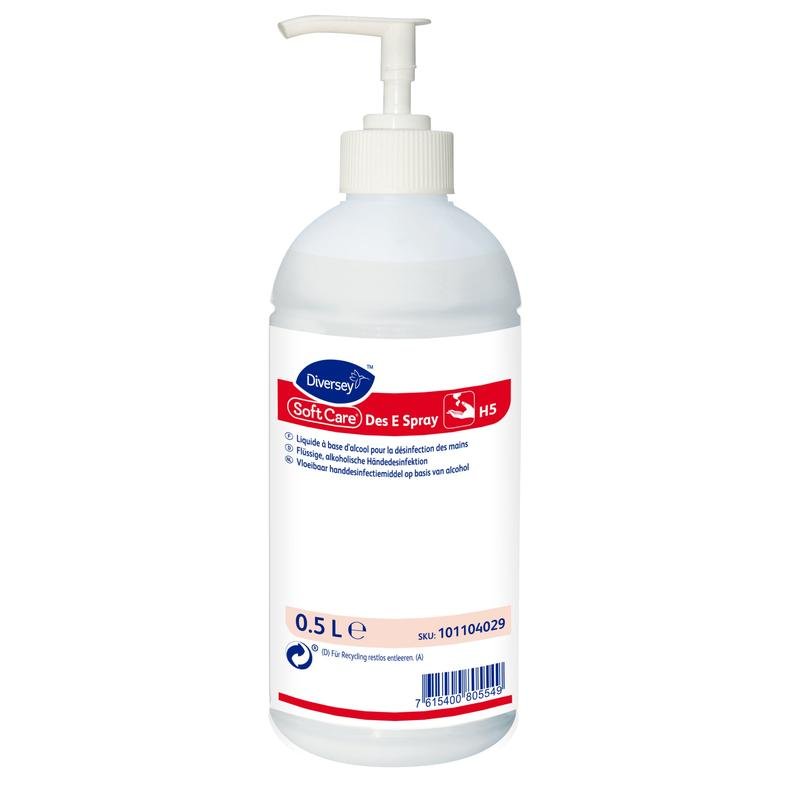 A white 0.5-liter plastic bottle of Soft Care Des E Spray H5 from Diversey Deutschland GmbH & Co. OHG, with a pump dispenser and multilingual label – ideal for effective hand disinfection on the go in a practical spray form.