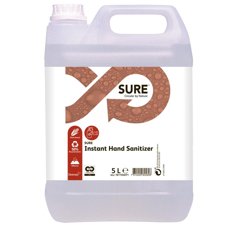 A 5-liter container made of transparent plastic with SURE Instant Hand Sanitizer, hand disinfection by Diversey Deutschland GmbH & Co. OHG, features a white label with brown design, product name, brand logo, function symbols, and a cap at the top left. Ideal for effective germ control.