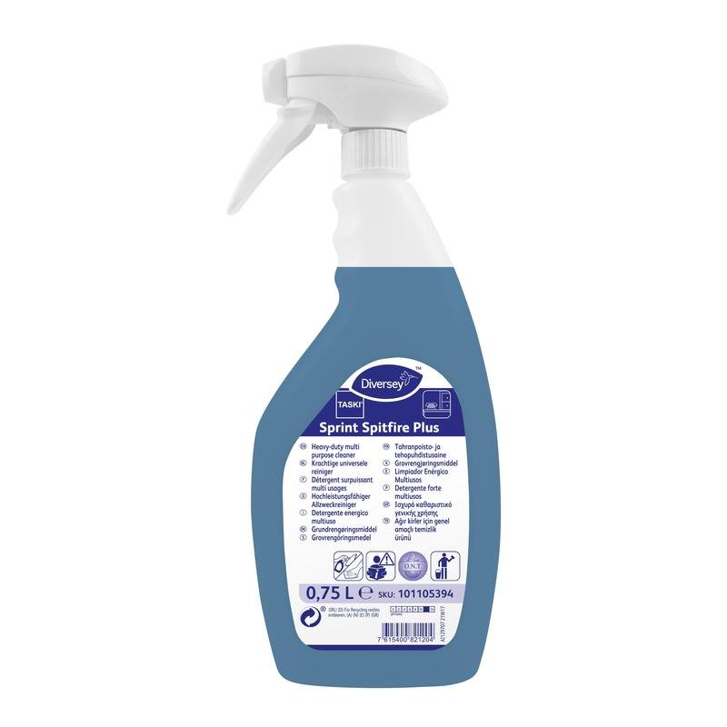 A 750 ml spray bottle of TASKI Sprint Spitfire Plus from Diversey Deutschland GmbH & Co. OHG, a ready-to-use high-performance alkaline cleaner with multilingual product information on the front label.