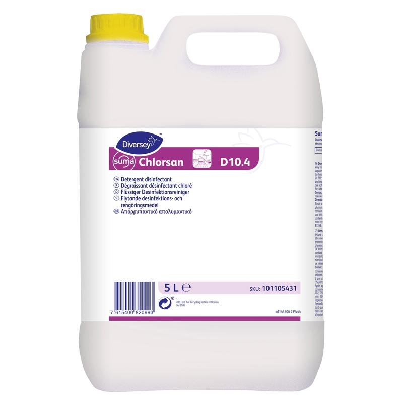 A 5-liter container made of white plastic with Diversey Suma Chlorsan D10.4 disinfectant cleaner with active chlorine from Diversey Deutschland GmbH & Co. OHG, with a yellow lid and a purple-white multilingual label.