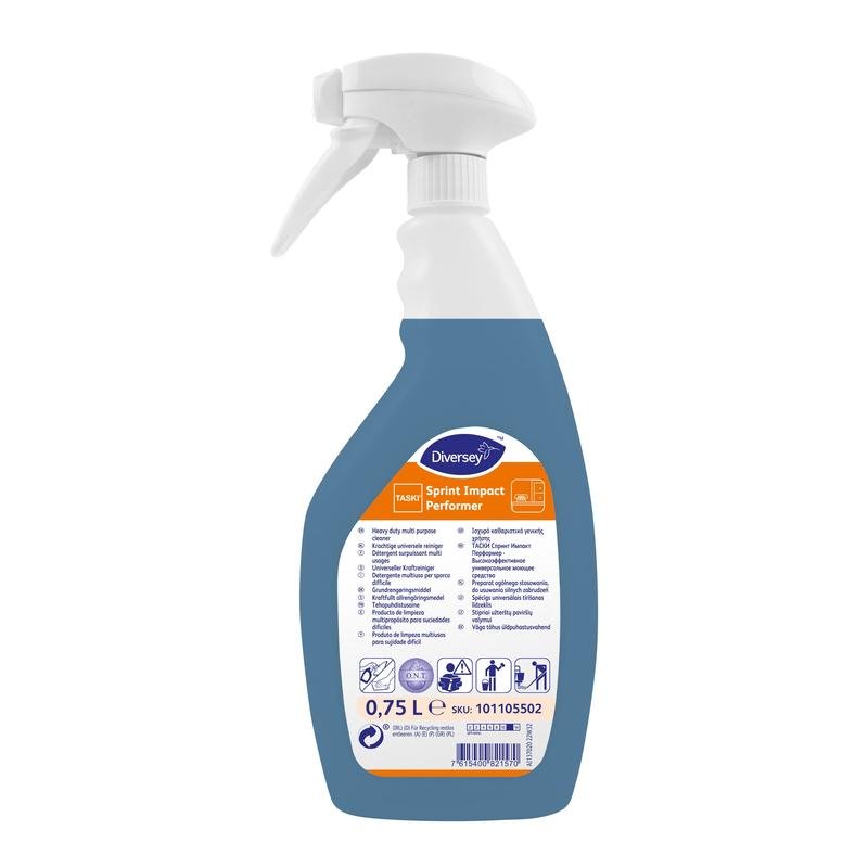 A blue 0.75-liter spray bottle TASKI Sprint Impact Performer, Universal Power Cleaner from Diversey Deutschland GmbH & Co. OHG, with a white trigger and a front label with multilingual instructions and product information.