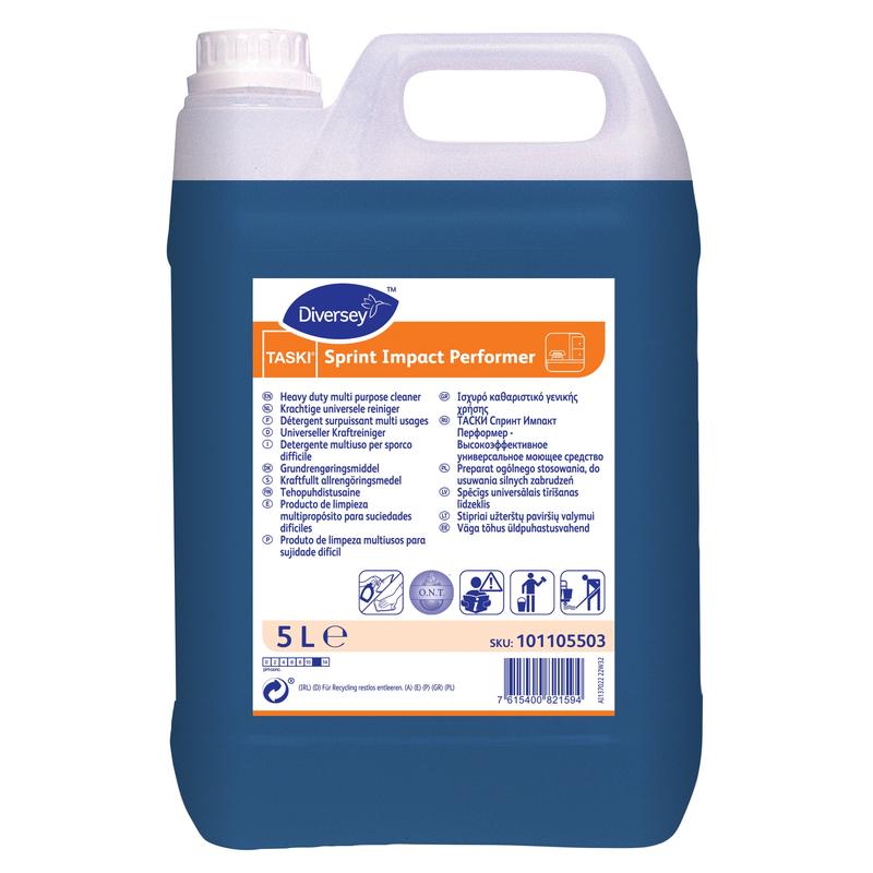 A 5-liter plastic container with TASKI Sprint Impact Performer, universal power cleaner from Diversey Deutschland GmbH & Co. OHG, with a blue label featuring detailed properties and safety information in multiple languages.