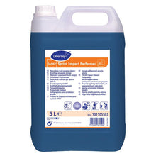 A 5-liter plastic container with TASKI Sprint Impact Performer, universal power cleaner from Diversey Deutschland GmbH & Co. OHG, with a blue label featuring detailed properties and safety information in multiple languages.
