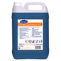 A 5-liter plastic container with TASKI Sprint Impact Performer, universal power cleaner from Diversey Deutschland GmbH & Co. OHG, with a blue label featuring detailed properties and safety information in multiple languages.