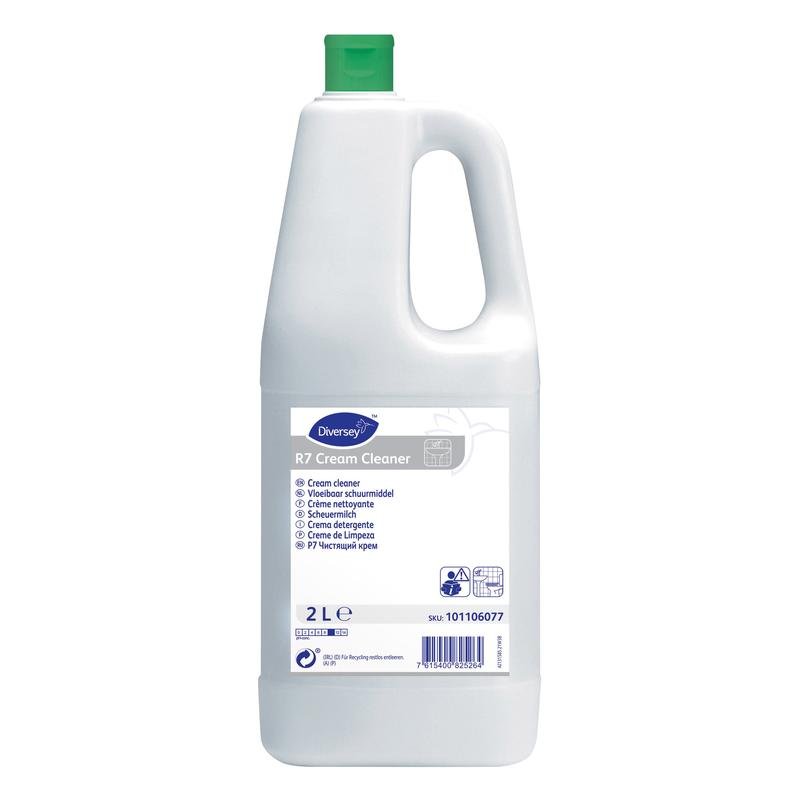 A white 2-liter plastic bottle of Diversey R7 cream cleaner for hard, waterproof surfaces from Diversey Deutschland GmbH & Co. OHG, with a green cap and multilingual instructions on the label.