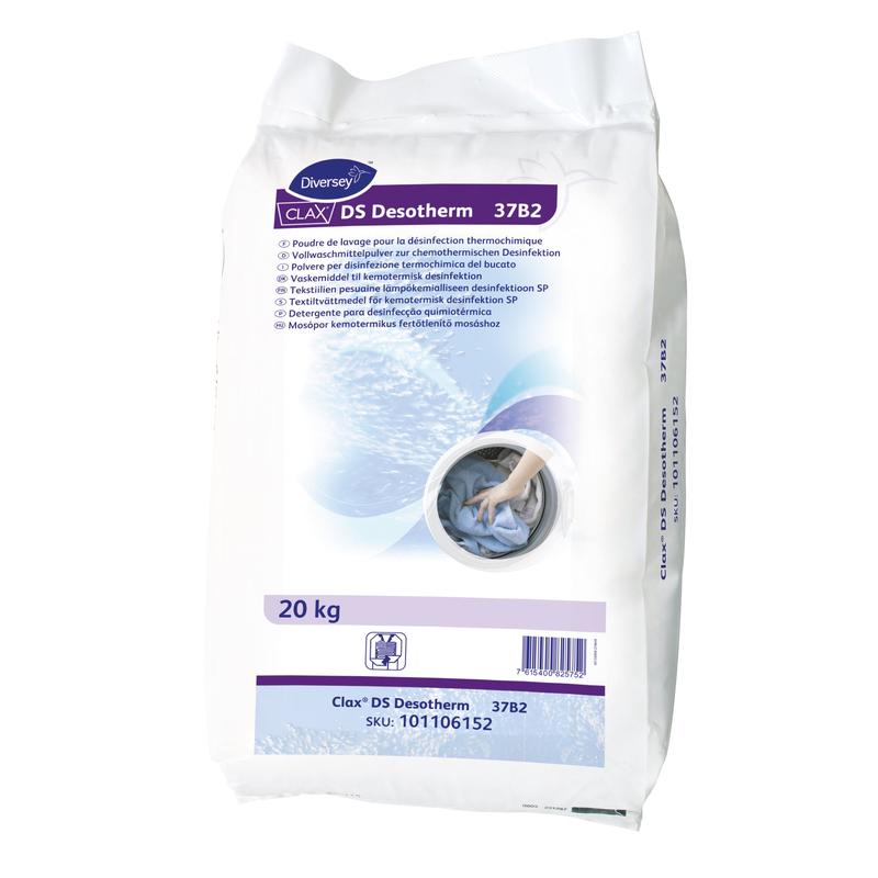 A white 20 kg bag of Clax DS Desotherm 37B2, phosphate-free detergent from Diversey Deutschland GmbH & Co. OHG for disinfection at 60°C, with product details and an image of a hand loading the washing machine on the front.
