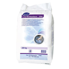 A white 20 kg bag of Clax DS Desotherm 37B2, phosphate-free detergent from Diversey Deutschland GmbH & Co. OHG for disinfection at 60°C, with product details and an image of a hand loading the washing machine on the front.