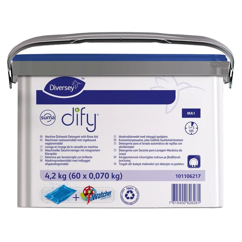 The eco-friendly Suma Dify MA1 with a blue lid from Diversey Germany (60 bags, 4.2 kg) is an all-in-one detergent for commercial single-tank machines, ideal for large kitchens. Multilingual labeling; delivery in a handle cup.