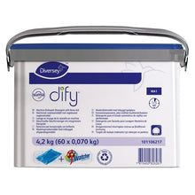 The eco-friendly Suma Dify MA1 with a blue lid from Diversey Germany (60 bags, 4.2 kg) is an all-in-one detergent for commercial single-tank machines, ideal for large kitchens. Multilingual labeling; delivery in a handle cup.