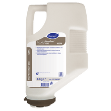 A beige 4 kg plastic container of Clax Revoflow OXI 4XP4* bleach and disinfectant in powder form from Diversey Deutschland GmbH & Co. OHG - effective even at low temperatures, RKI-listed at 60°C, ideal for professional laundries.