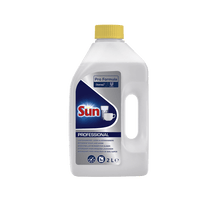 A 2-liter plastic bottle of SUN Professional machine cleaner for glasses by Diversey Deutschland GmbH & Co. OHG - ideal for glass and bar dishwashers, ensures sparkling clean glasses.