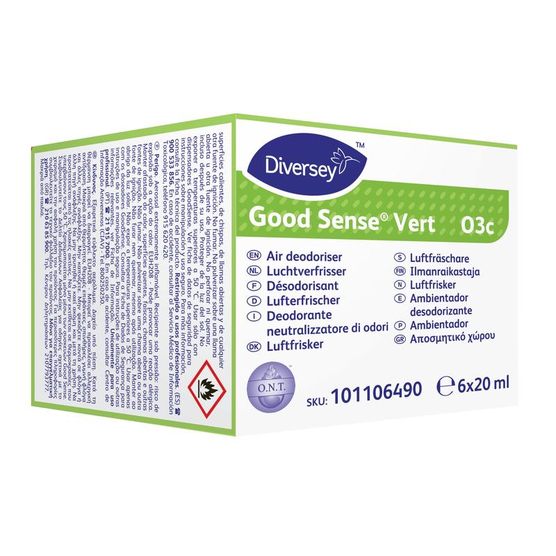 A box of Good Sense Vert fragrance cartridges (6 pieces) for the Good Sense air freshener system from Diversey Deutschland GmbH & Co. OHG, with multilingual information, hazard symbol, and 6 x 20 ml cartridges per package.
