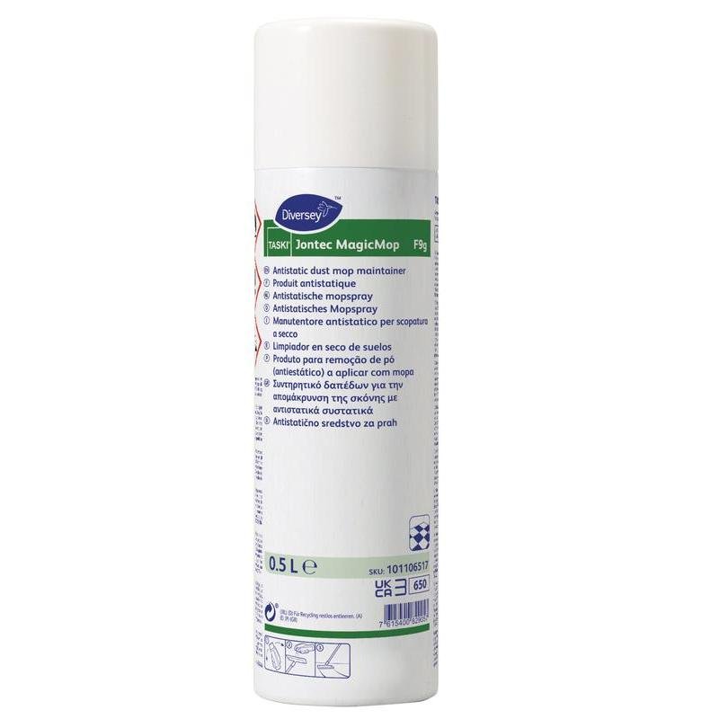 A white 500 ml can of Diversey Germany TASKI Jontec MagicMop, long-lasting antistatic damp mopping solution, with multilingual instructions on the label for hygienically clean floors.